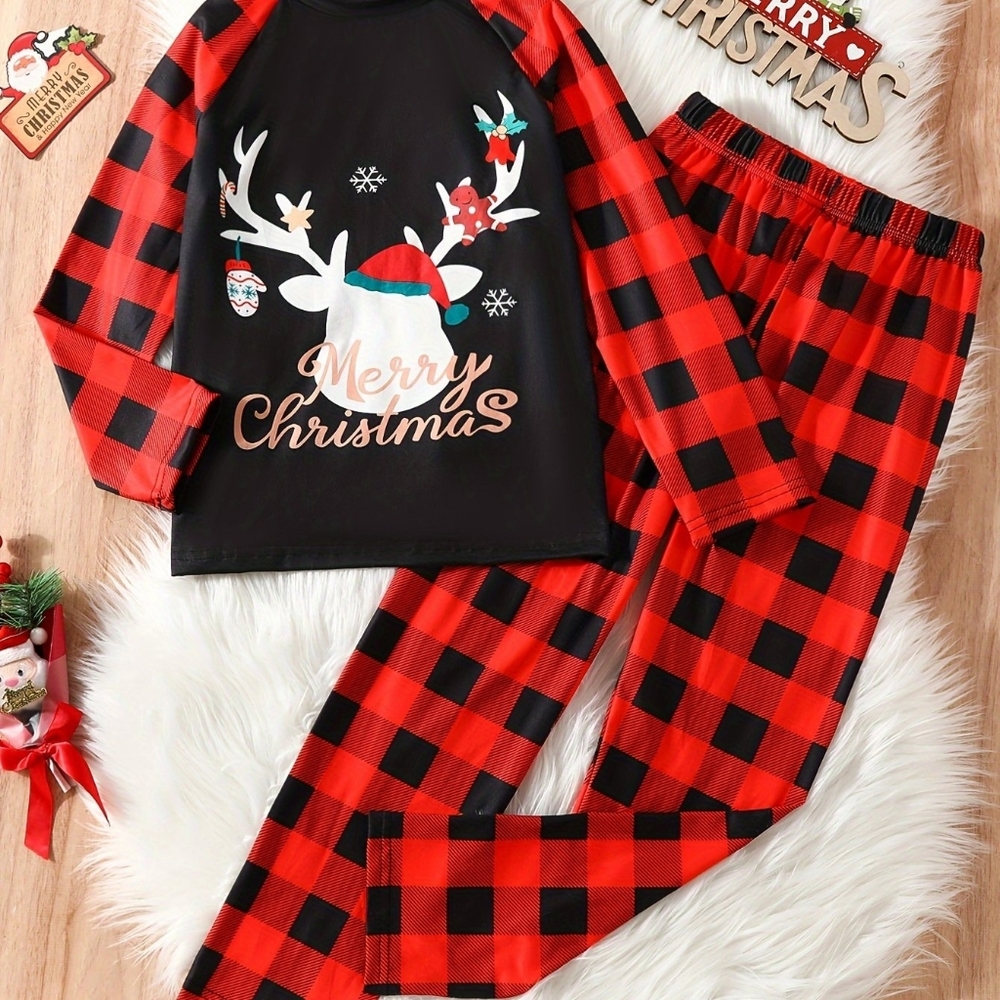 Merry Christmas Kids Pajamas - Black and Red Plaid. Sz 13-14y. New
